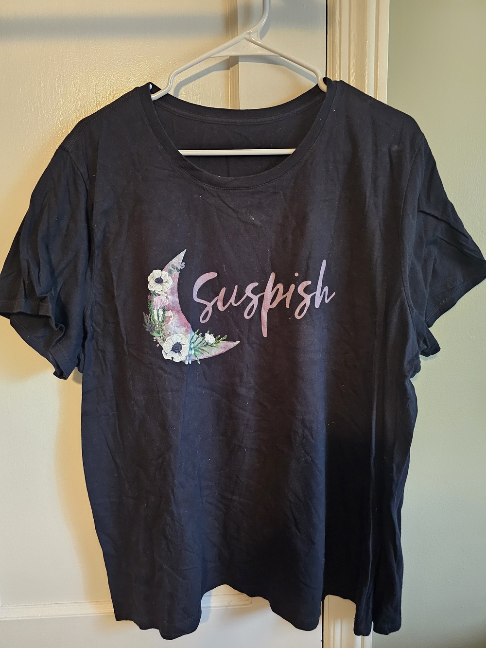 Gildan Black Graphic Tee with Pastel Floral Crescent and Pink Script